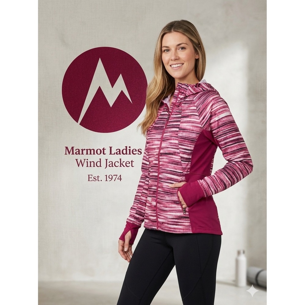 Marmot Ladies Wind Jacket Sangria Pink Striped Hooded Performance Coat NWT-M